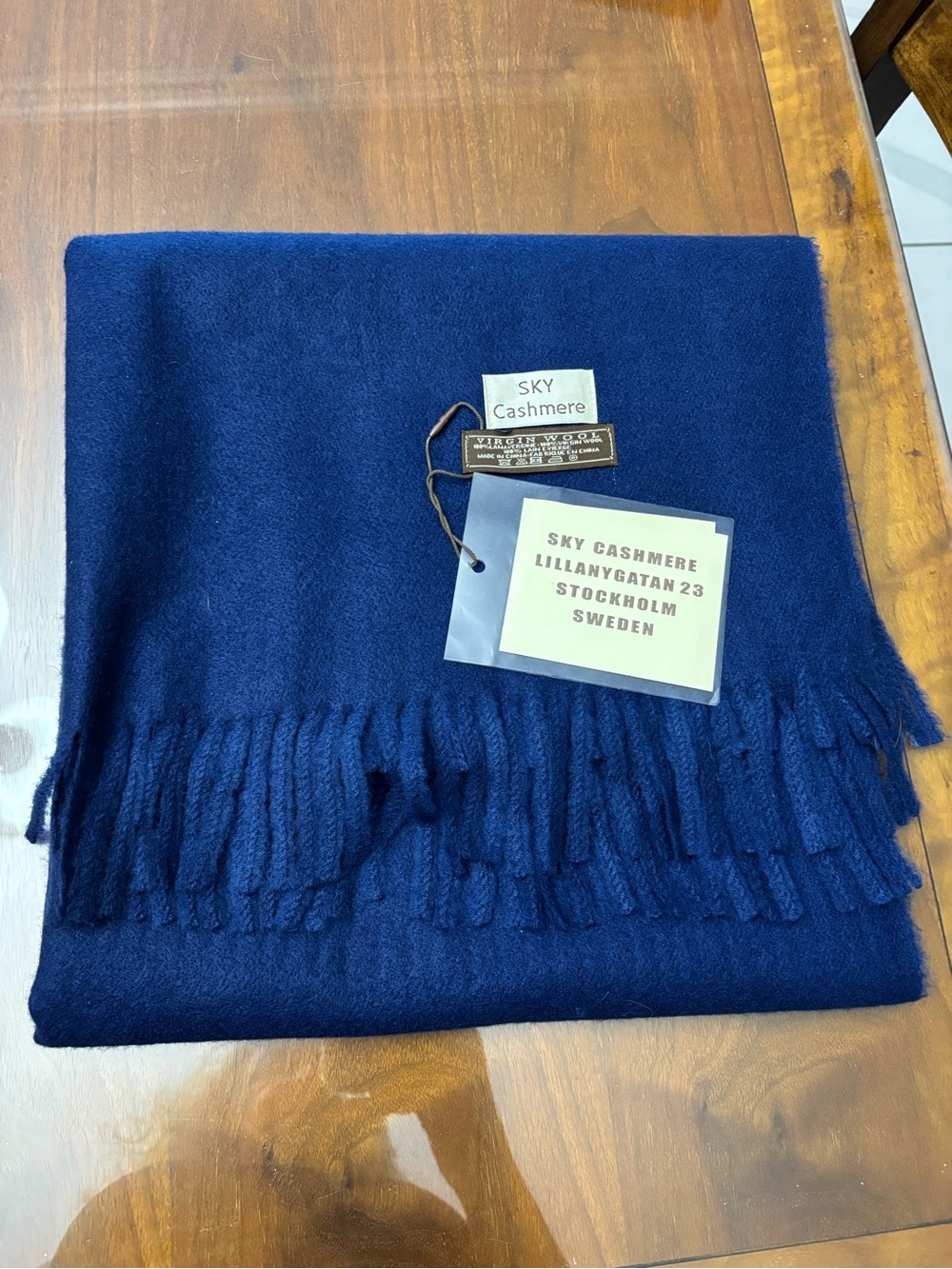 NWT. Sky Cashmere Navy Blue Fringe Wrap/scarf